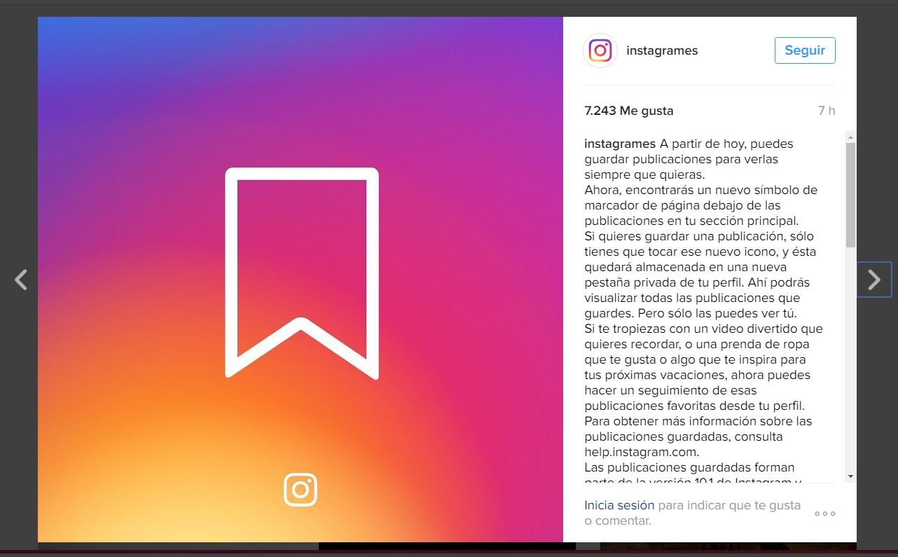 Post original donde Instagram anuncia la posibilidad de guardar.